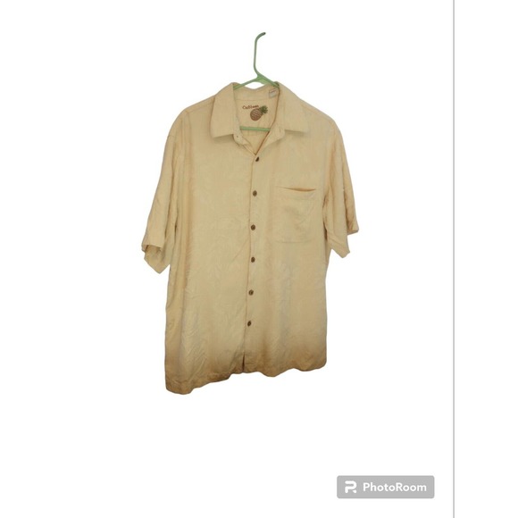 Caribbean Button Short Shirt Men Sz Large Silk Cotton Yellow Tropical Embossed - Picture 5 of 8